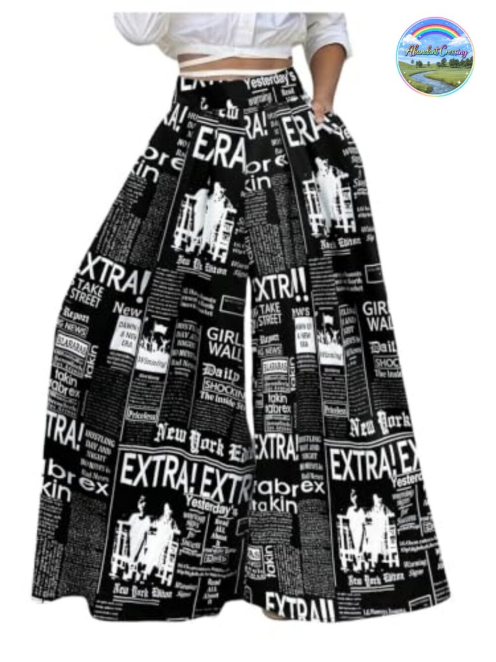 High Waist Wide Leg Palazzo Pants Newspaper Print Pull On